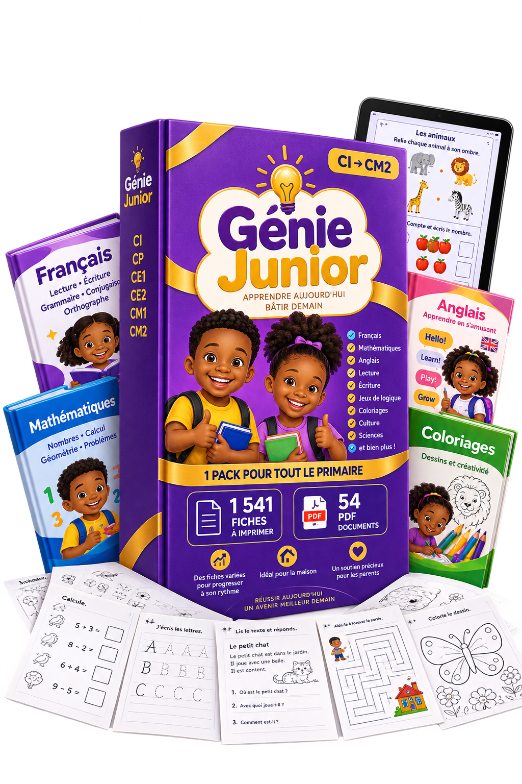 Le pack Génie Junior : coffret, cahiers par matière et fiches à imprimer