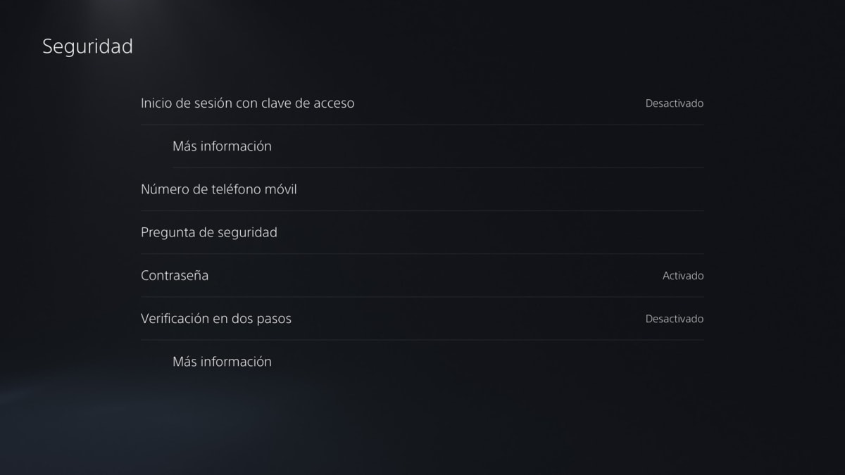 PS5: men&uacute; Seguridad con Verificaci&oacute;n en dos pasos