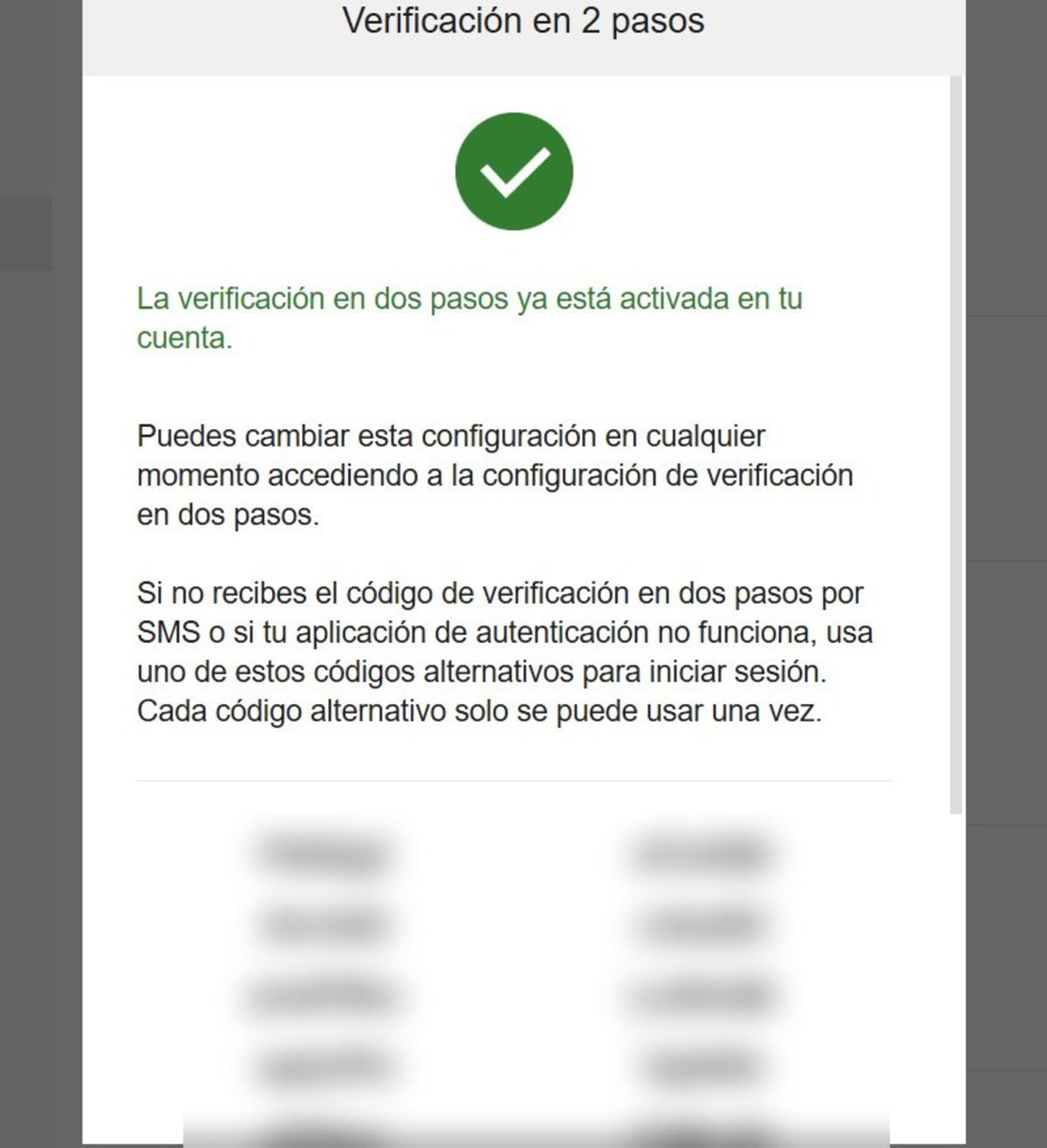 As&iacute; se ven los c&oacute;digos de respaldo (ac&aacute; los difuminamos)