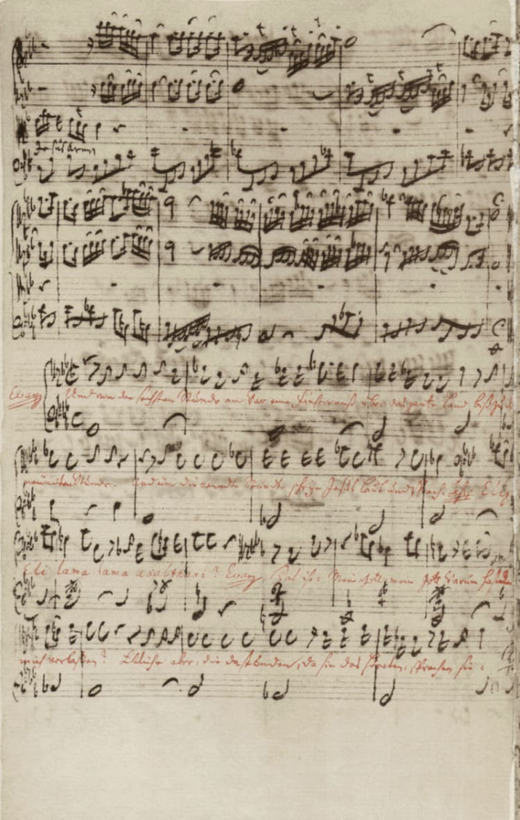 A 71. recitativo kezdete, J. S. Bach Kézirata. A szerzői a bibliai szöveget piros tintával írta (forrás: Wikipedia)