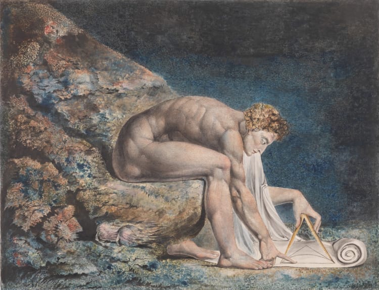   William Blake: Newton, 1795, színes metszet, monotípia, tinta, akvarell, papír, 460 × 600 mm (fotó: Tate)