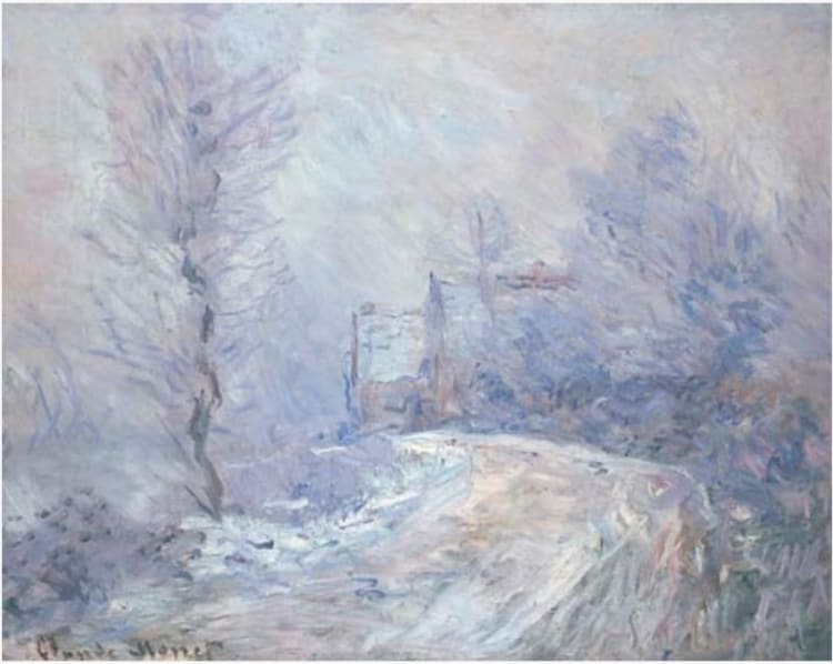Claude Monet: Giverny bejárata hóban (forrás: Wikimedia Commons)