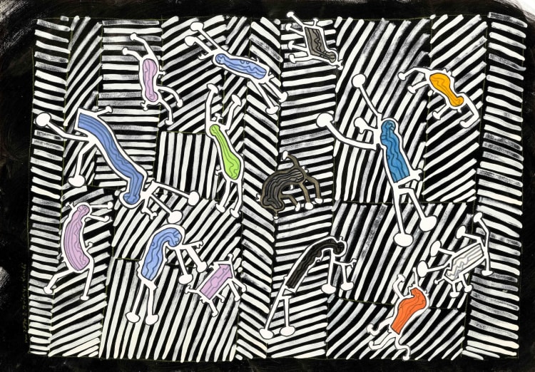 Iványi László: Csíkos figurás kompozíció, 1970 körül, vegyes technika, papír, 75 × 108 cm (forrás: Szépművészeti Múzeum – Magyar Nemzeti Galéria)