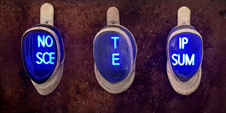 Panyoczki Péter: NOSCE TE IPSUM, 2024, vívómaszk, ledlámpa, acél, 60cm x 120cm x 25cm, magántulajdonban
