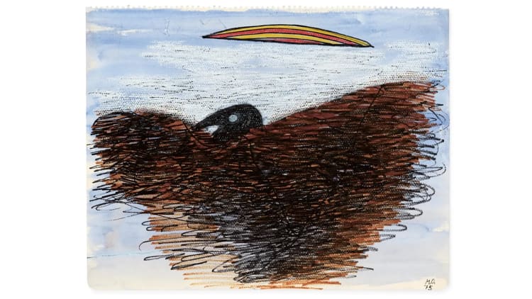 Meret Oppenheim Keselyű és sárga-vörös tárgy című rajza, 1975 (fotó: Julius Baer Gyűjtemény)