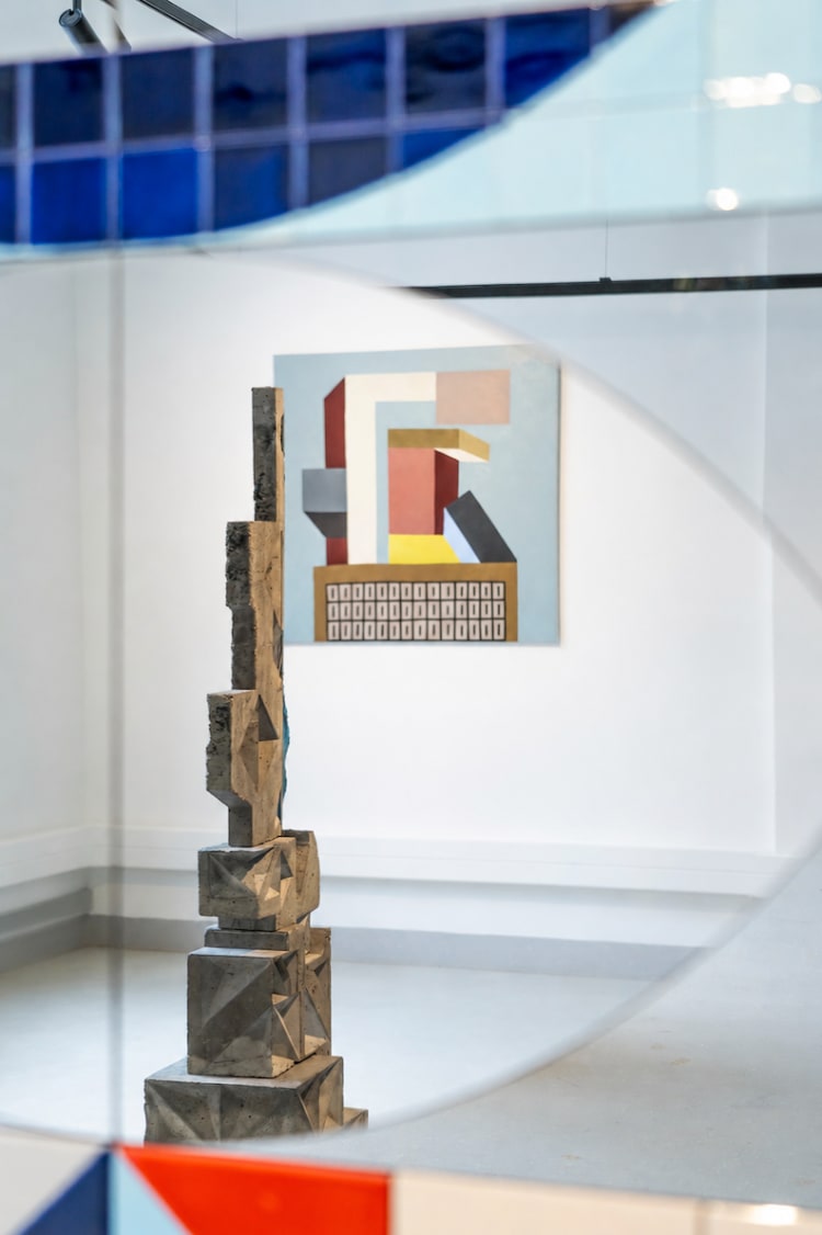Nathalie Du Pasquier’s Untitled, 2015 (Mercedes-Benz Art Collection), and Marta Dyachenko’s Kaniv, 2025, reflected in Claudia Wieser’s Untitled, 2023 (Mercedes-Benz Art Collection). © VG Bild-Kunst, Bonn 2026, Marta Dyachenko, Claudia Wieser (photo: Dániel Török)
