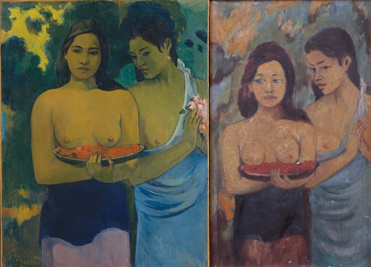 Paul Gauguin: Két tahiti nő című műve, mellette jobbra a gyenge kvalitású hamisítvány (forrás: Végvári Zsófia)