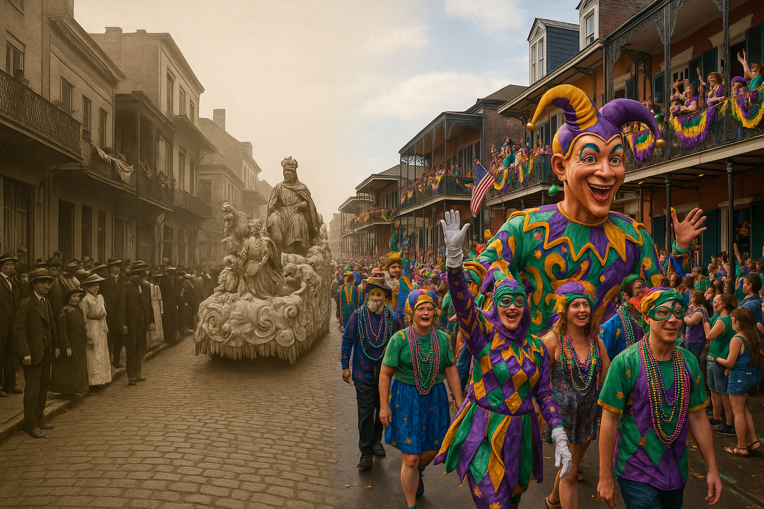 Merge of historical and modern Mardi Gras parades in New Orleans with festive crowds