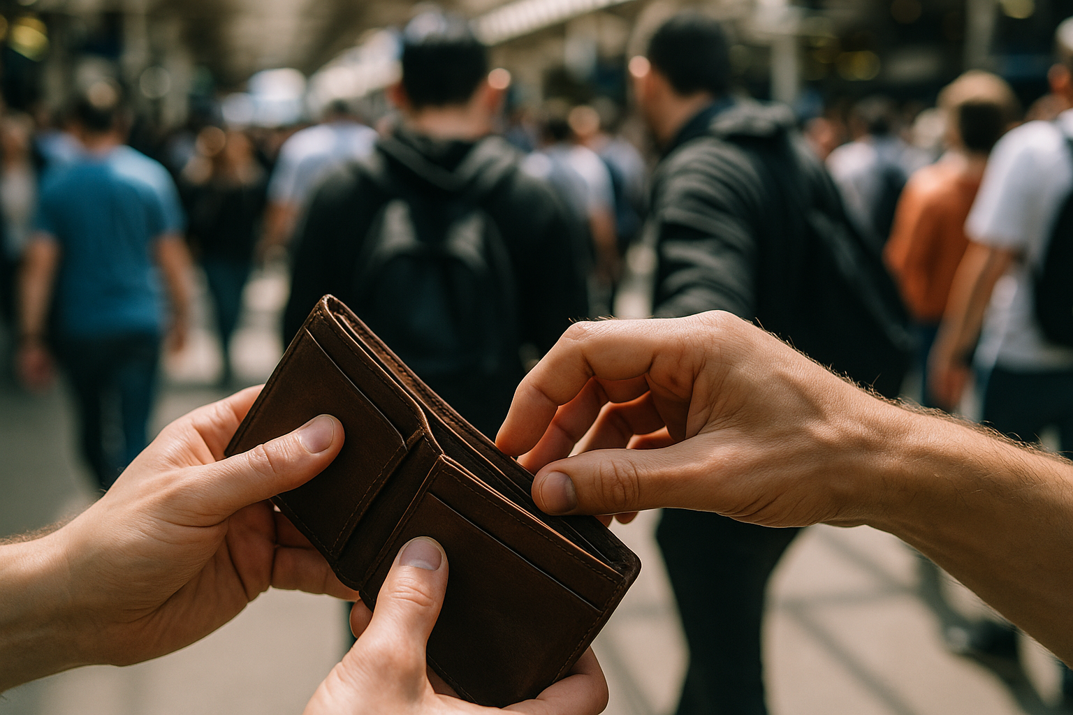 Pickpocket attempt in crowded transit hub focused on wallet and personal safety
