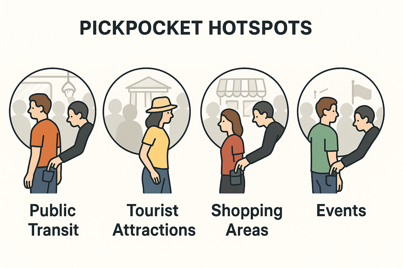 Diagram showing pickpocket hotspots in busy public areas and crowded transit lines