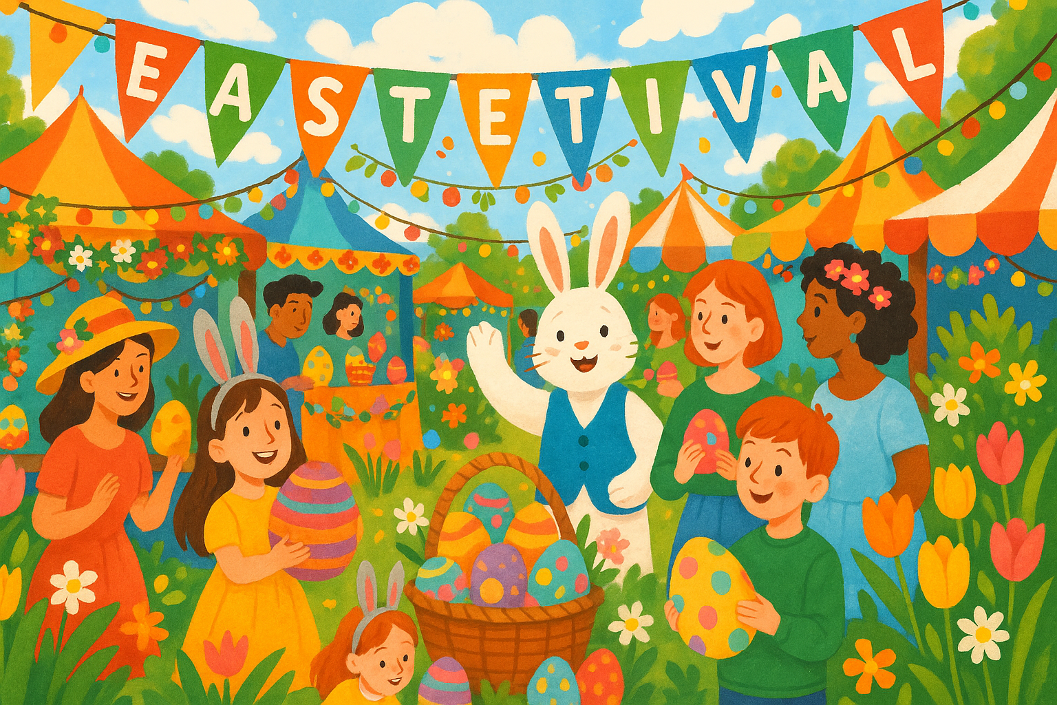 Colorful Easter festival event with vibrant decorations and crowds in April