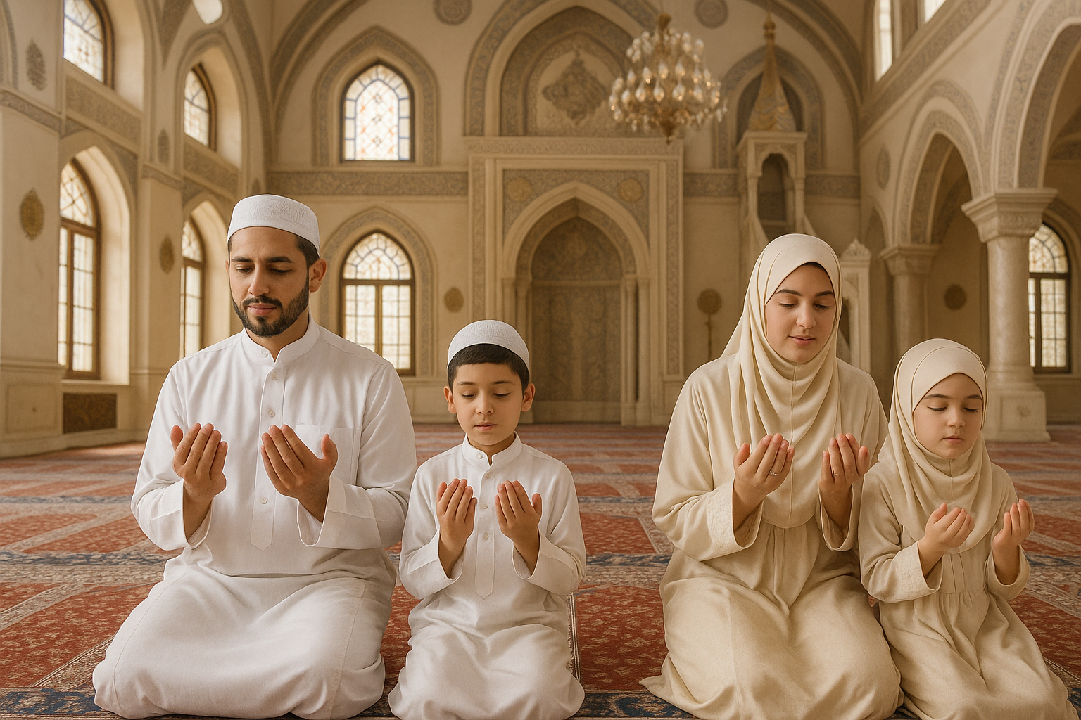 Muslim family celebrating Eid al-Adha together by praying in mosque with Islamic architecture