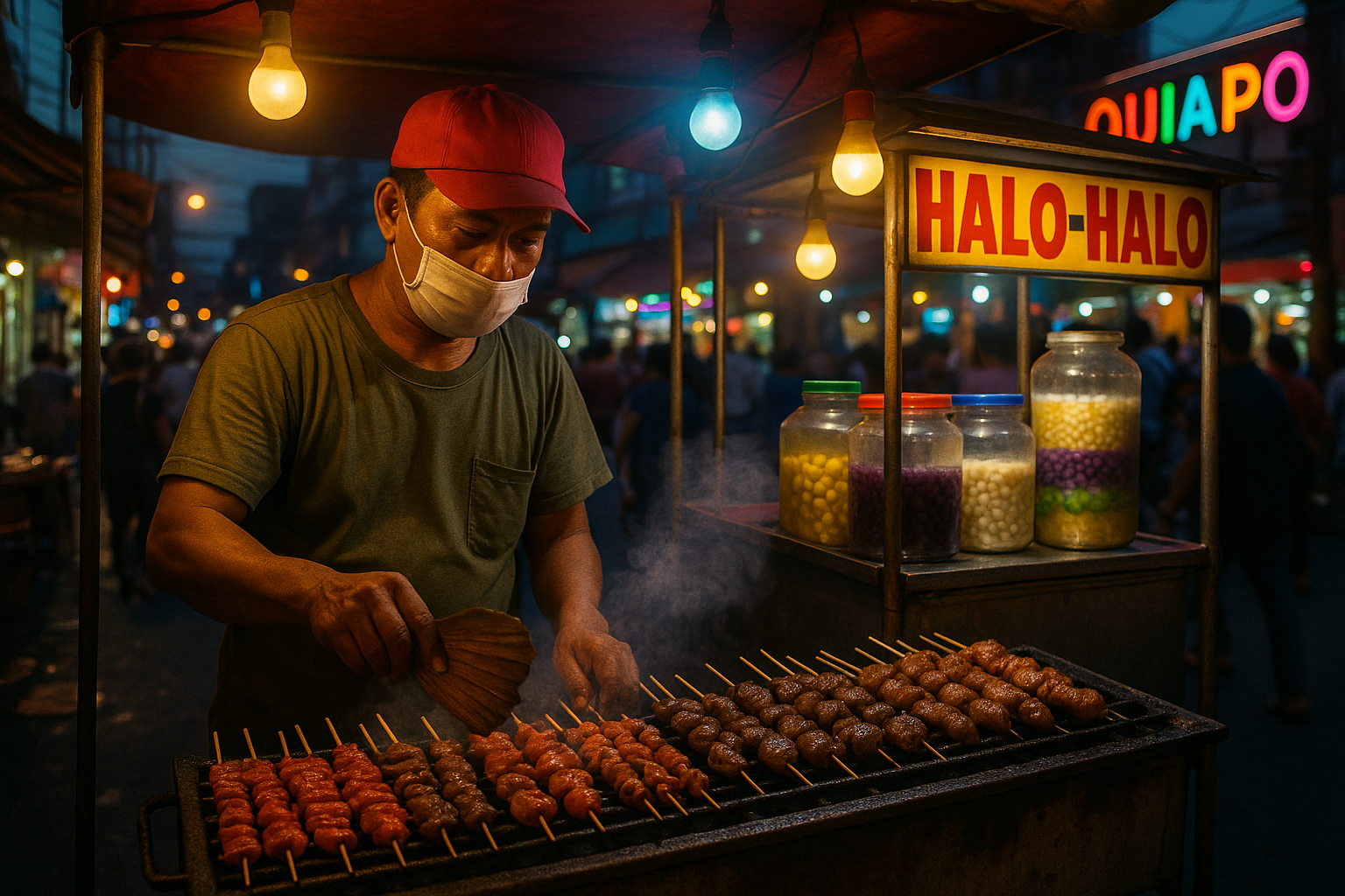 Manila street food guide night vendor scene for first-timers with busy stalls and locals