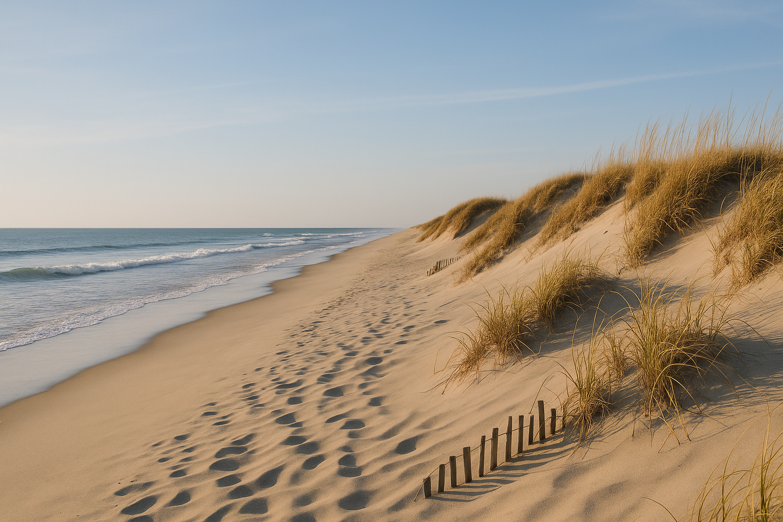 Secluded sandy beach with gentle waves on Outer Banks, perfect for a peaceful beach day
