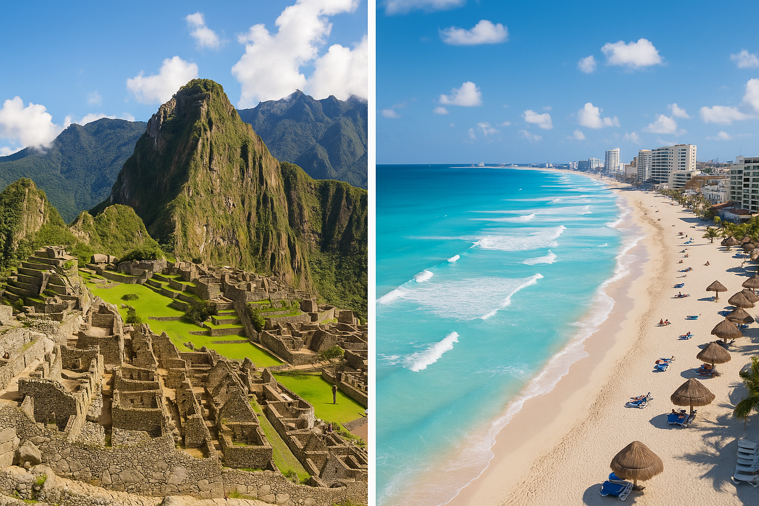 Popular Latin America destinations with Machu Picchu and Cancun beaches visuals