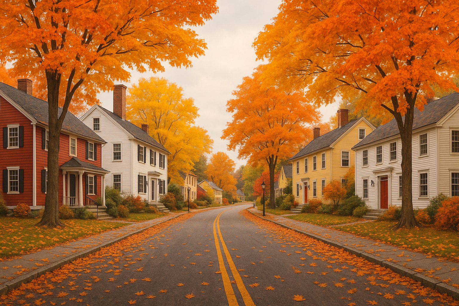 New England leaf-peeping town street with vibrant autumn foliage colors