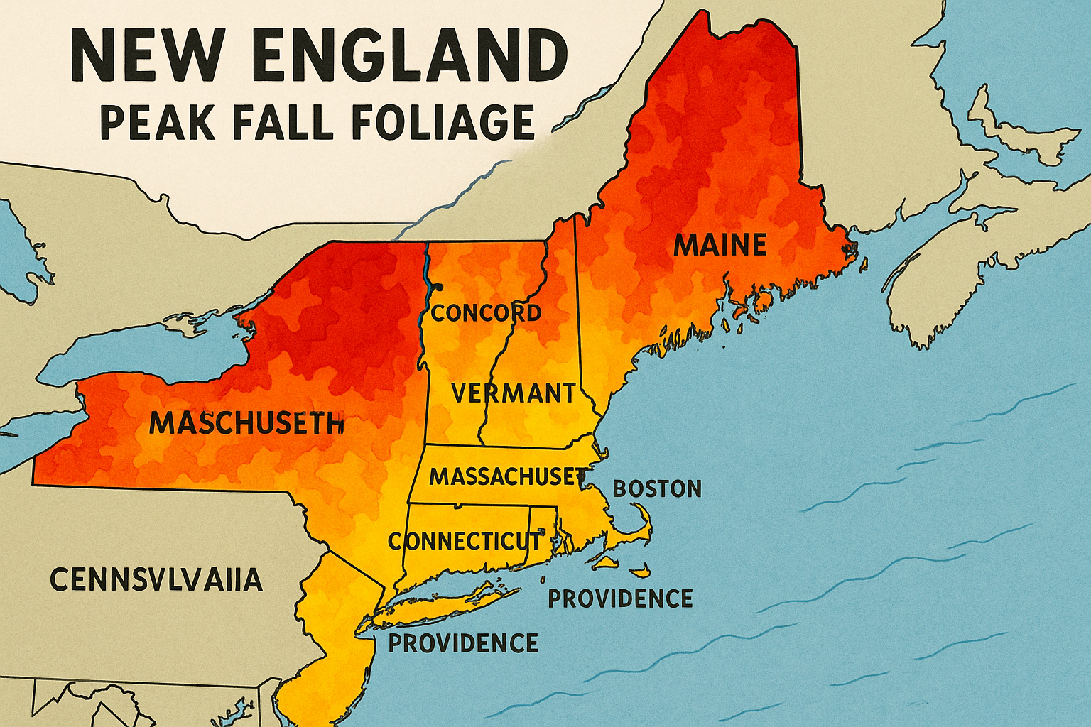 Map of New England highlighting peak fall foliage zones and timing details