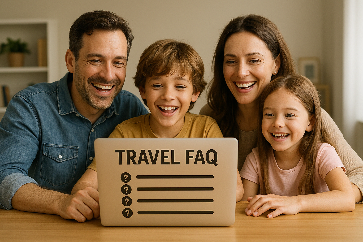 Parents and children reading travel FAQ for family trips in stress-free planning