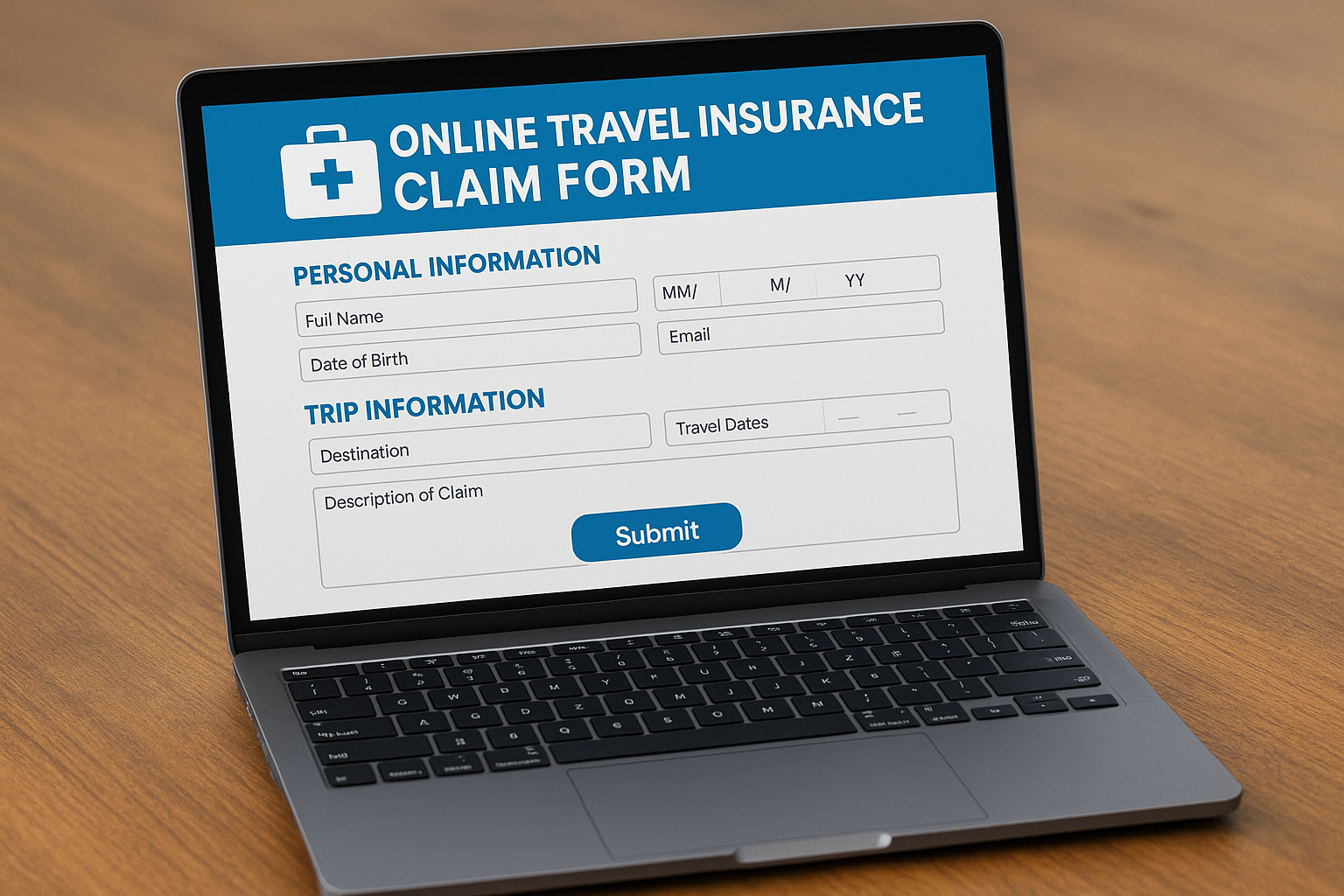 Online submission of travel insurance claim form on laptop screen