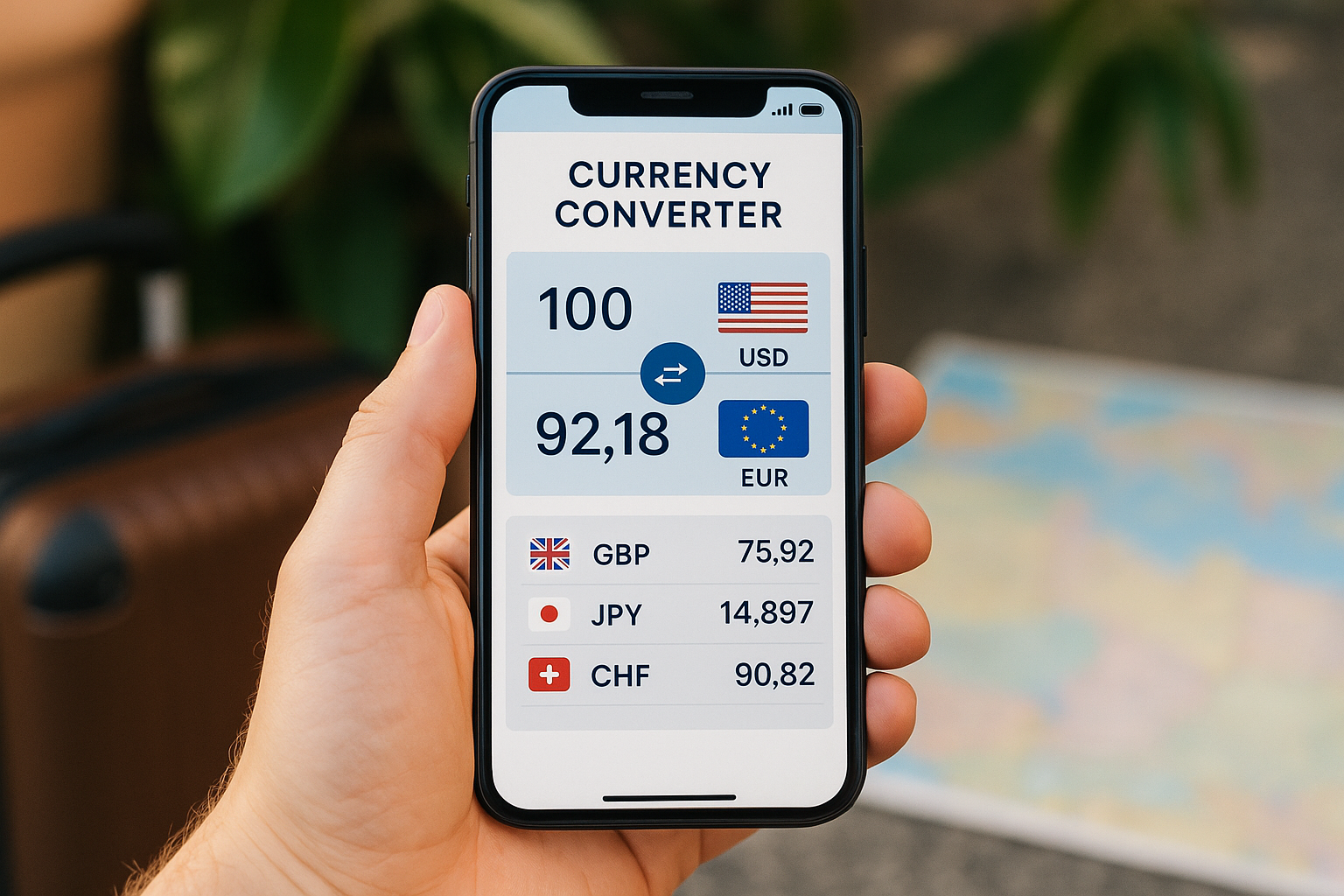 Mobile phone showing currency exchange rate app interface for travelers.