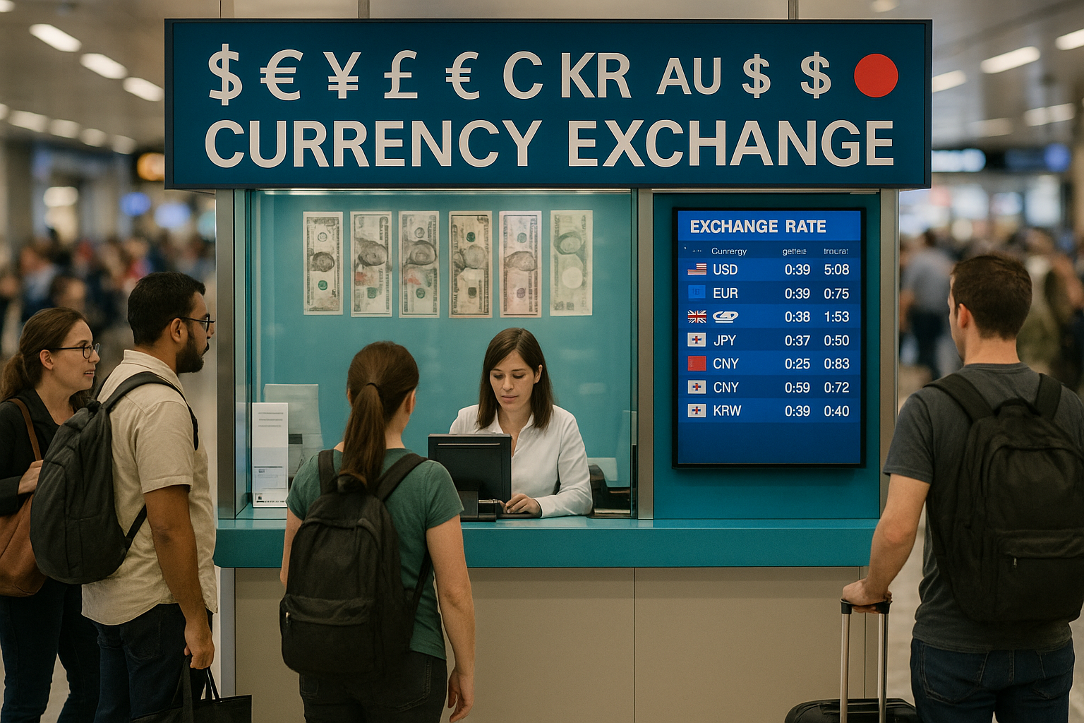 Busy airport currency exchange counter displaying multiple international banknotes.
