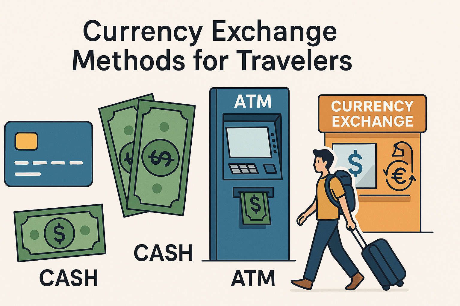Visual guide to credit card cash and ATM currency exchange methods for travelers.