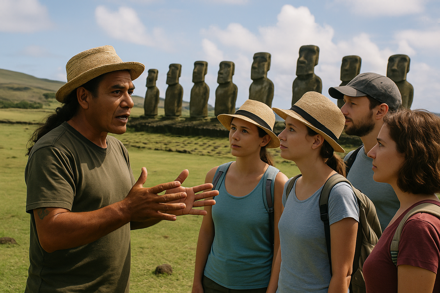 Local guide shares Easter Island history at a Moai site with travelers.
