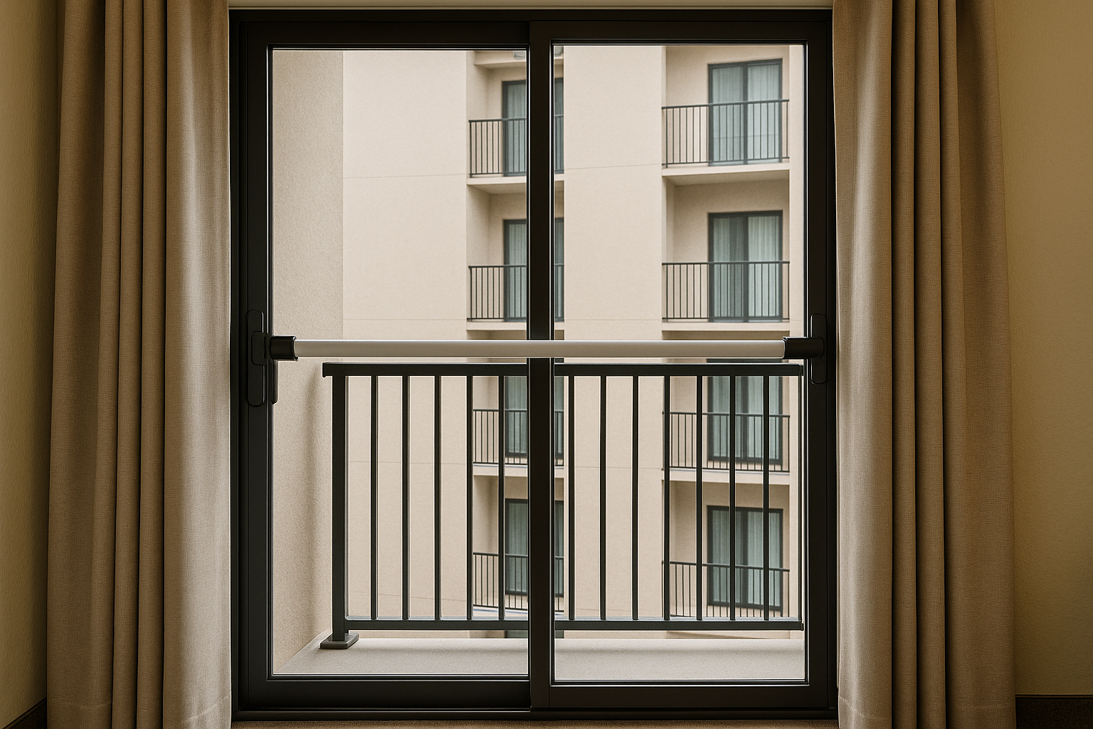 Securely locked hotel room window and balcony railing with city view