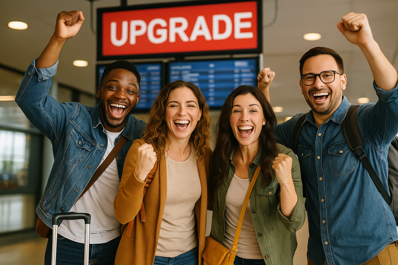 Happy travelers celebrating successful free airport upgrade