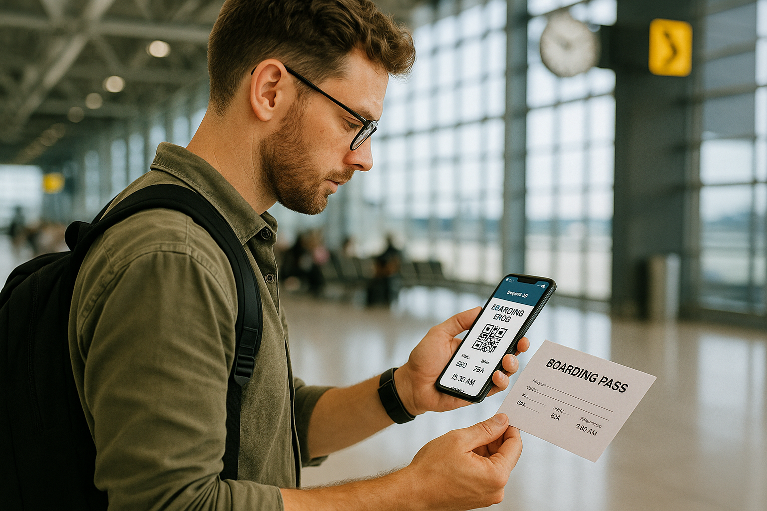 Traveler checking boarding pass timing for flight upgrades at airport