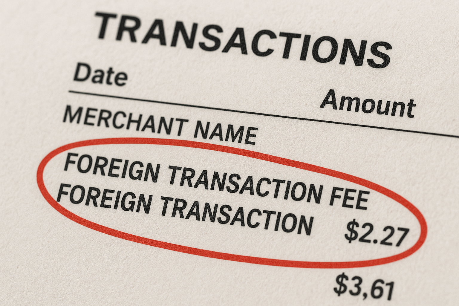 Credit card statement highlighting foreign transaction fees for international travel