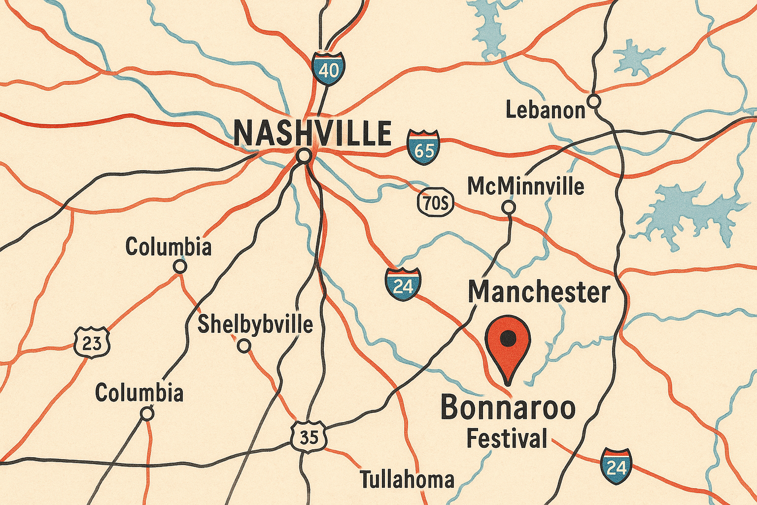Route map to Bonnaroo Music Festival in Tennessee helps fans plan their journey