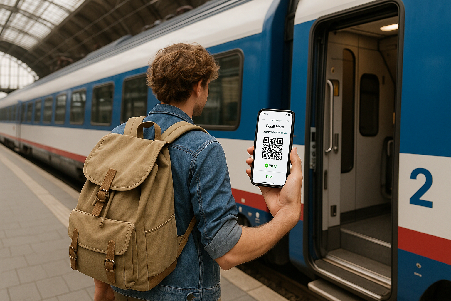 Traveler boarding a train in Europe using digital Eurail Pass for convenience.