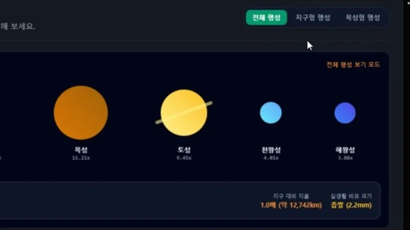 태양계 행성의 크기와 거리 비교 시뮬레이션 (초록 버튼)