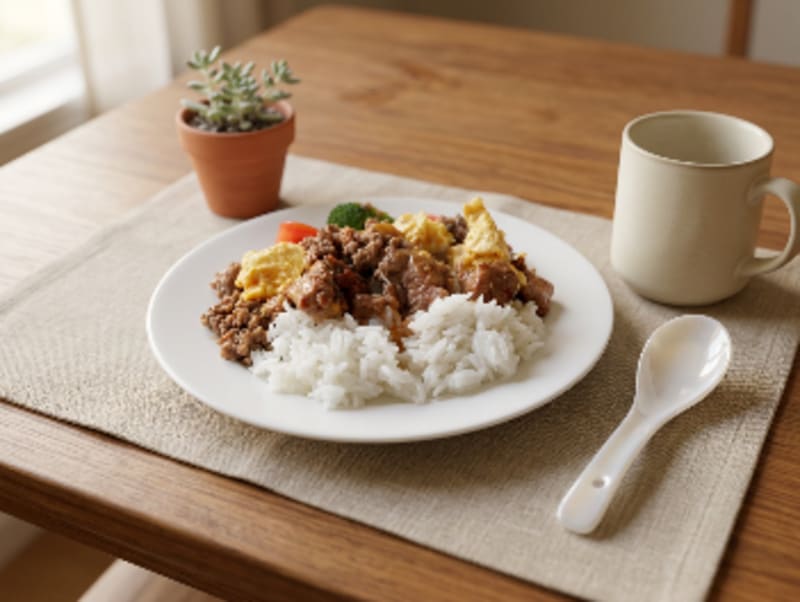 Ground beef scrambled egg with tomato and broccoli over rice — ready to eat Hong Kong meal