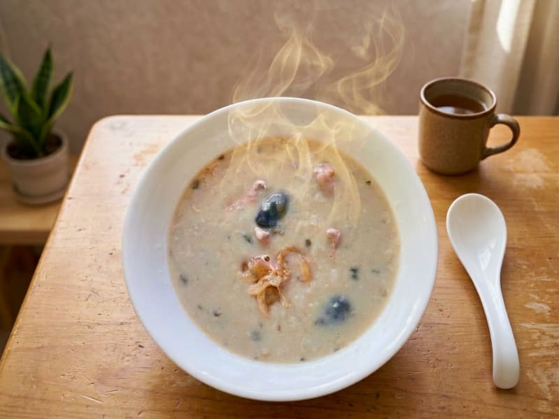 Steaming preserved egg pork and jellyfish congee — traditional Hong Kong comfort food