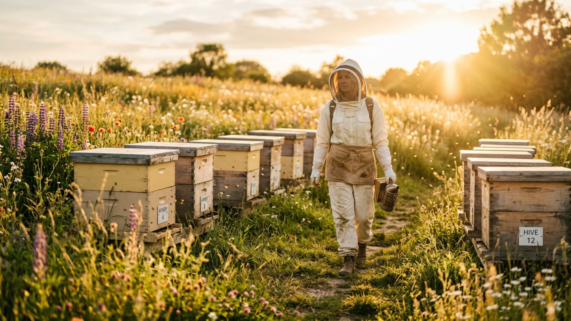 Beekeeper walking between hives in a meadow at golden hour
