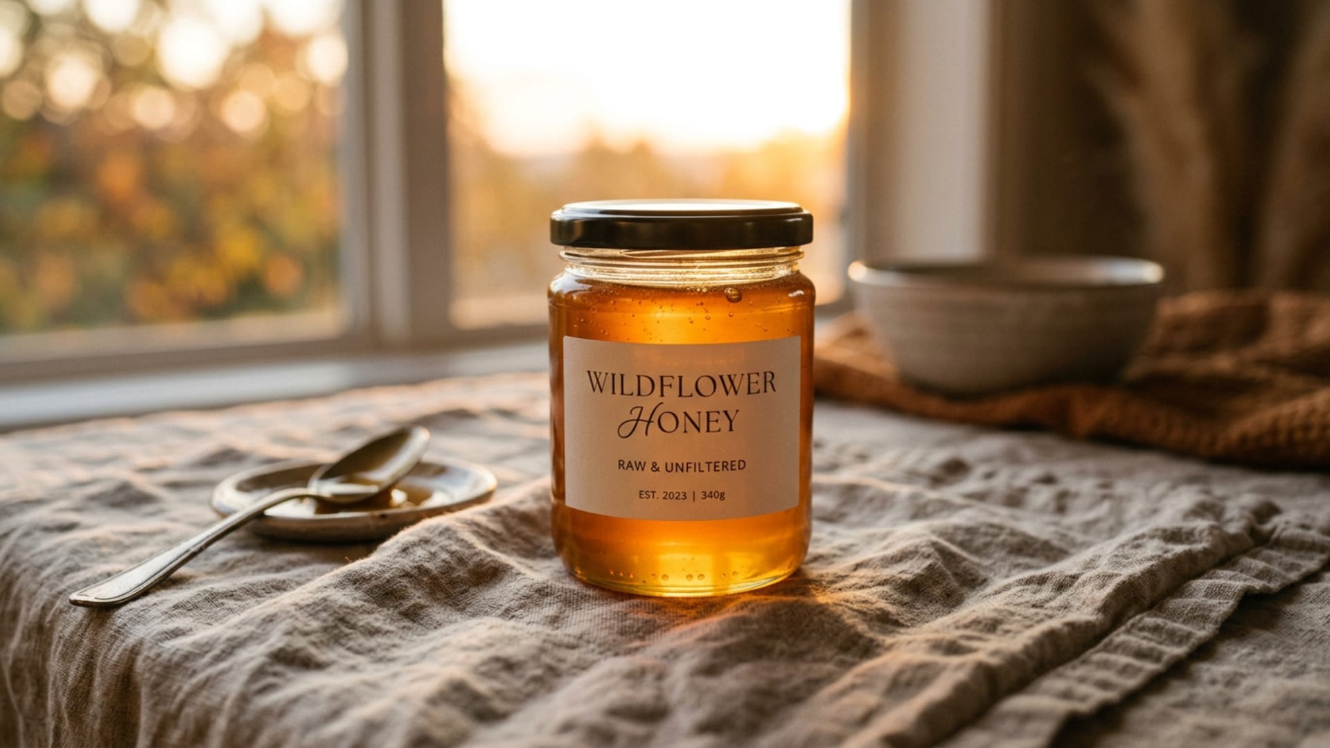 Backlit jar of golden honey glowing at sunset on linen
