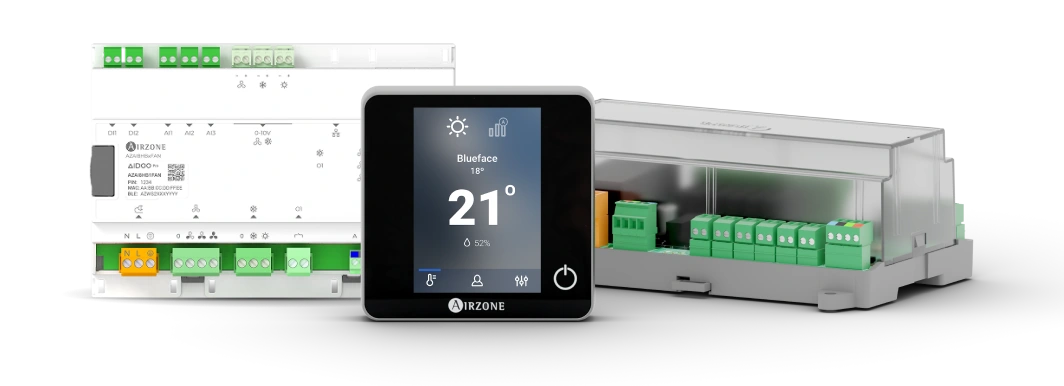 Dispositif Aidoo Pro Ventilo-convecteur avec thermostat Airzone Blueface, présentant la compatibilité avec différentes marques de ventilo-convecteurs.