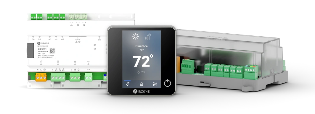 Dispositif Aidoo Pro Ventilo-convecteur avec thermostat Airzone Blueface, présentant la compatibilité avec différentes marques de ventilo-convecteurs.