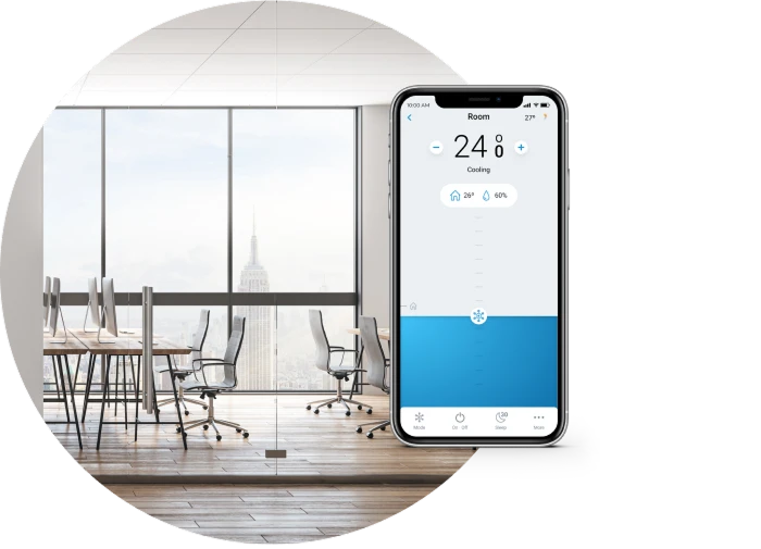 Contrôle d’un ventilo-convecteur individuel depuis l'application Airzone Cloud sur un smartphone au sein d'un bureau ;