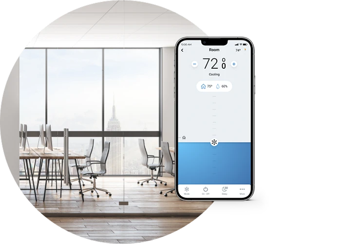 Control of an individual fan coil unit from the Airzone Cloud app on a smartphone in an office.
