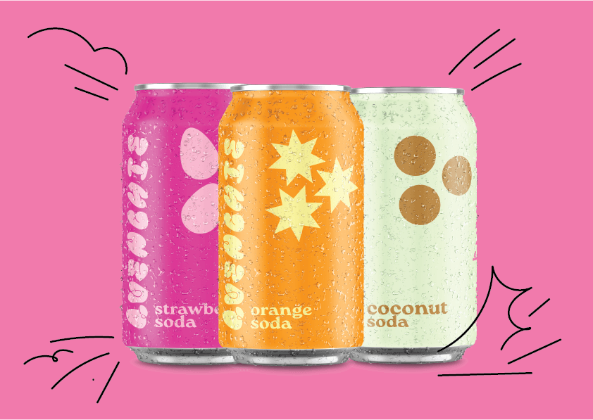 Mockups featuring the typeface being used on soda cans