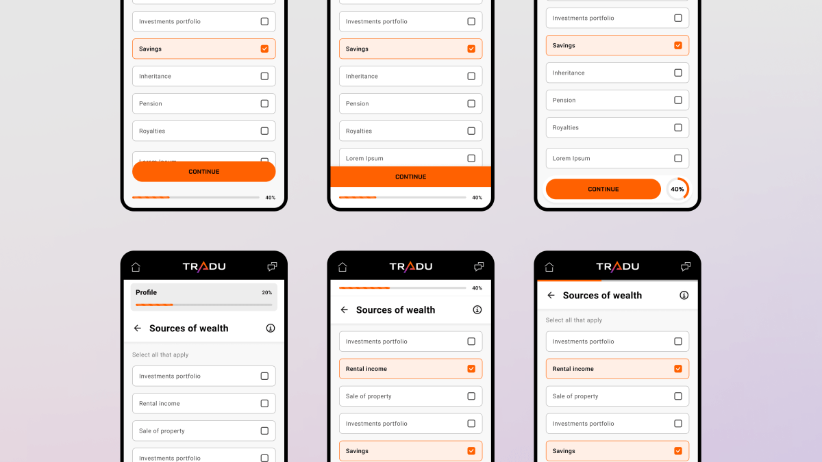 Progress bar variants explored, with compact top-of-screen treatments to placements grouped with the primary action button at the bottom.