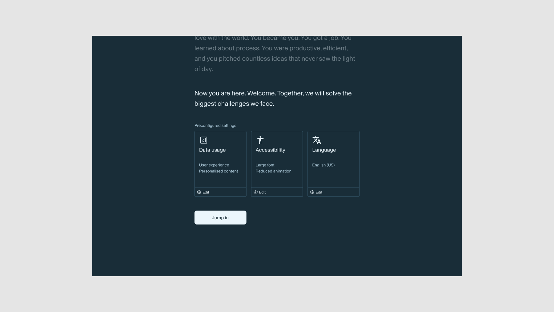 A site settings concept – explored incorporating brand message