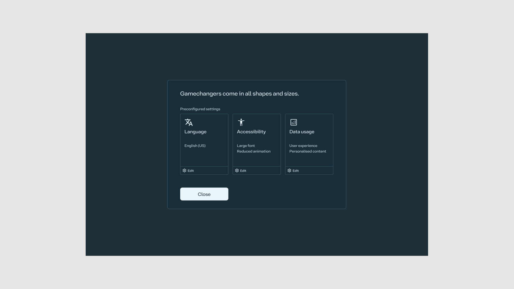 A site settings concept – language and accessibilty communicate the international and inclusive nature of the company
