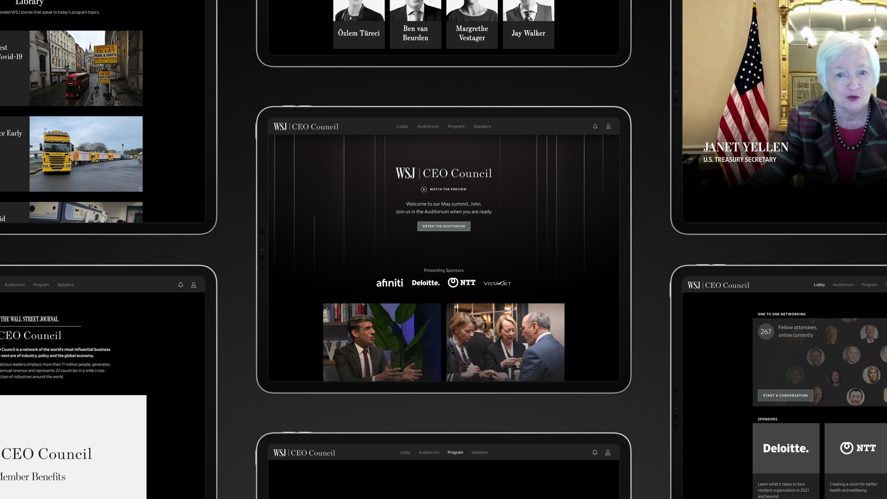 Overview of the CEO Council platform showing all screens — Welcome, Auditorium, and Lobby.
