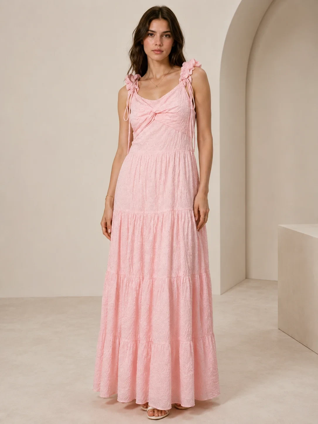 Blush Pink Ruched Bow Front Maxi Dress - Front