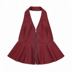 Faux Leather Halter Peplum Top - Burgundy - Front