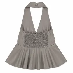 Faux Leather Halter Peplum Top - Taupe - Back